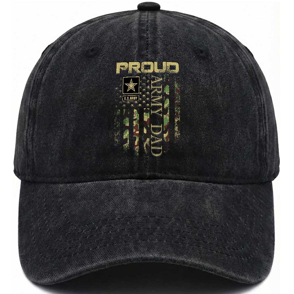 Proud Army Dad Washed Cotton Baseball Cap Military Father US Army Camo Flag TS10 Washed Cap Universal Fit Black Print Your Wear