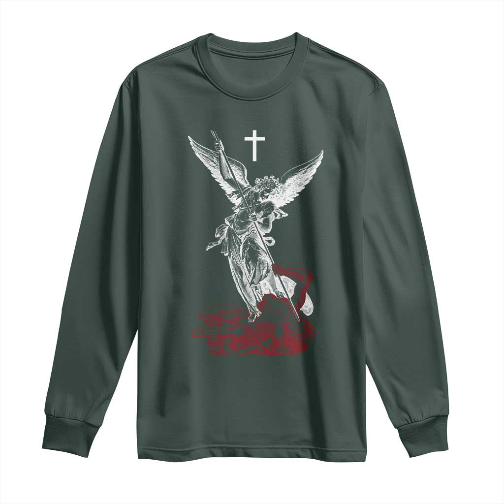 Saint Michael The Archangel Defeating Satan Long Sleeve Shirt TS10 Dark Forest Green Print Your Wear