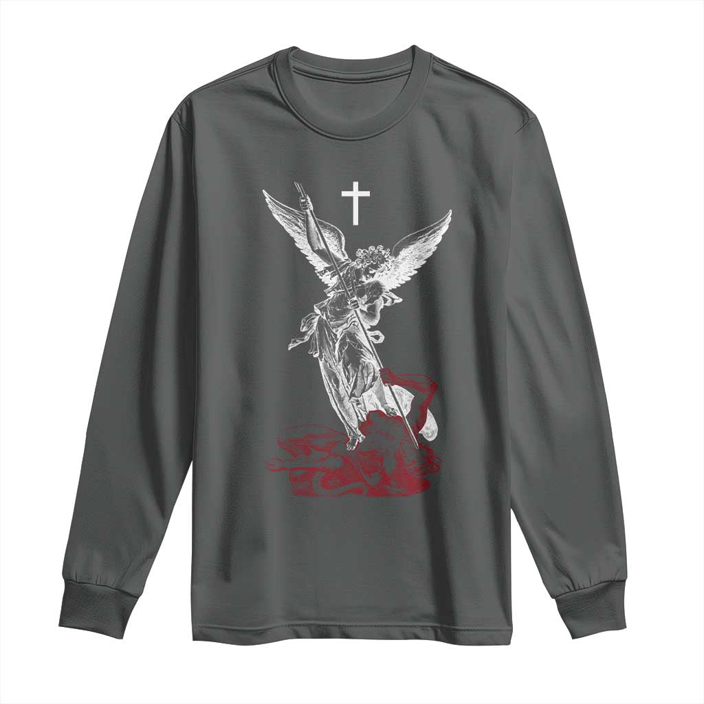 Saint Michael The Archangel Defeating Satan Long Sleeve Shirt TS10 Dark Heather Print Your Wear