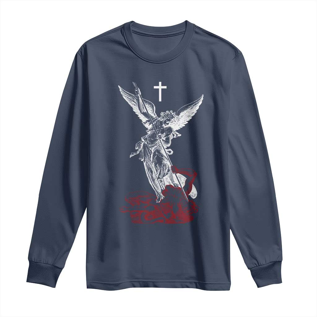 Saint Michael The Archangel Defeating Satan Long Sleeve Shirt TS10 Navy Print Your Wear