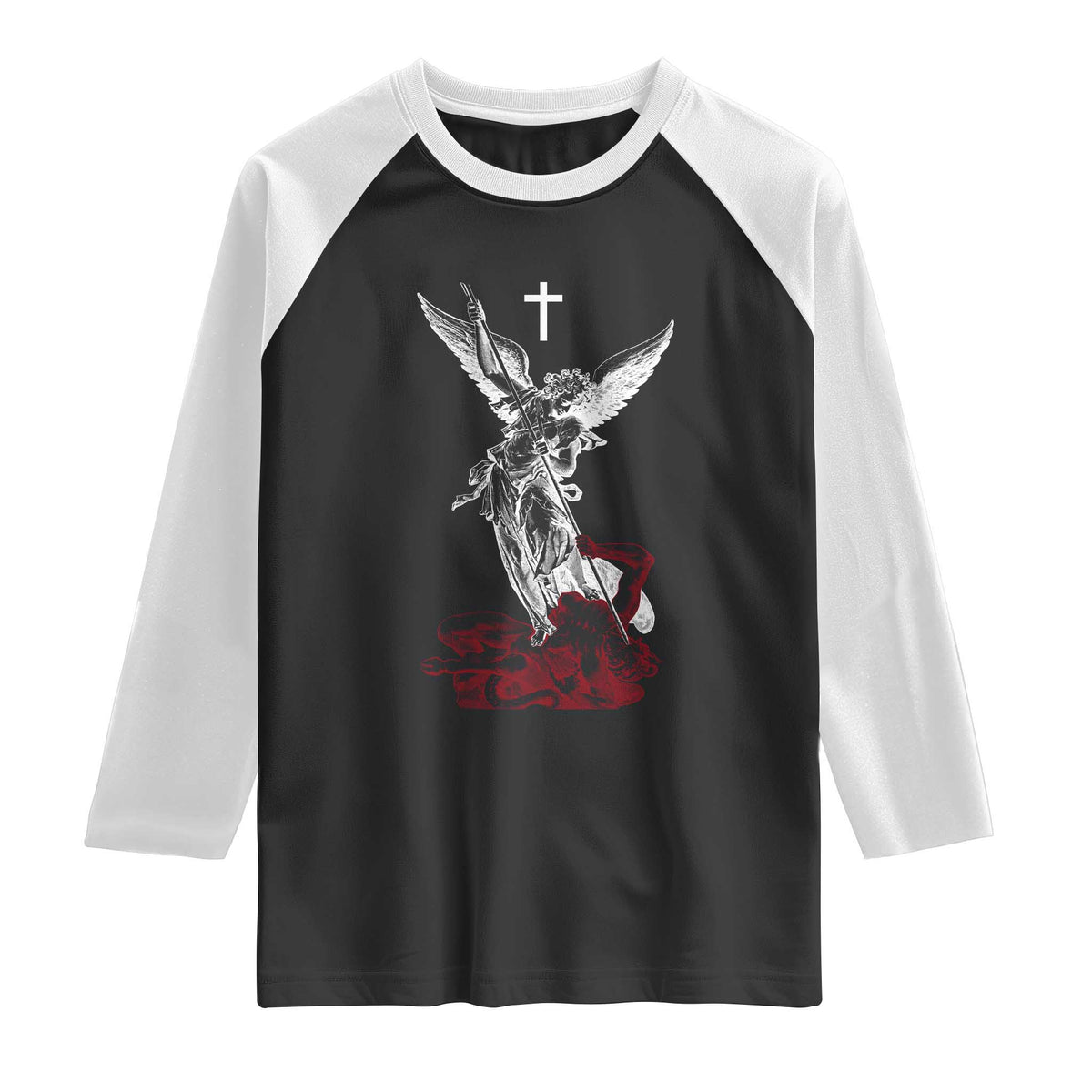 Saint Michael The Archangel Defeating Satan Raglan Shirt TS10 Black White Print Your Wear