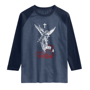 Saint Michael The Archangel Defeating Satan Raglan Shirt TS10 Heather Denim Navy Print Your Wear