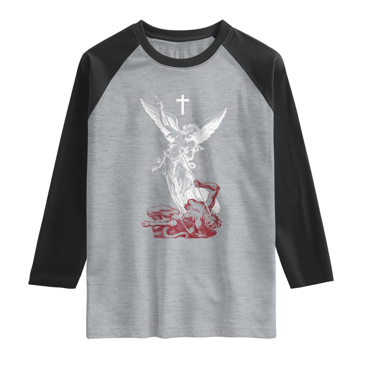 Saint Michael The Archangel Defeating Satan Raglan Shirt TS10 Heather Gray Black Print Your Wear