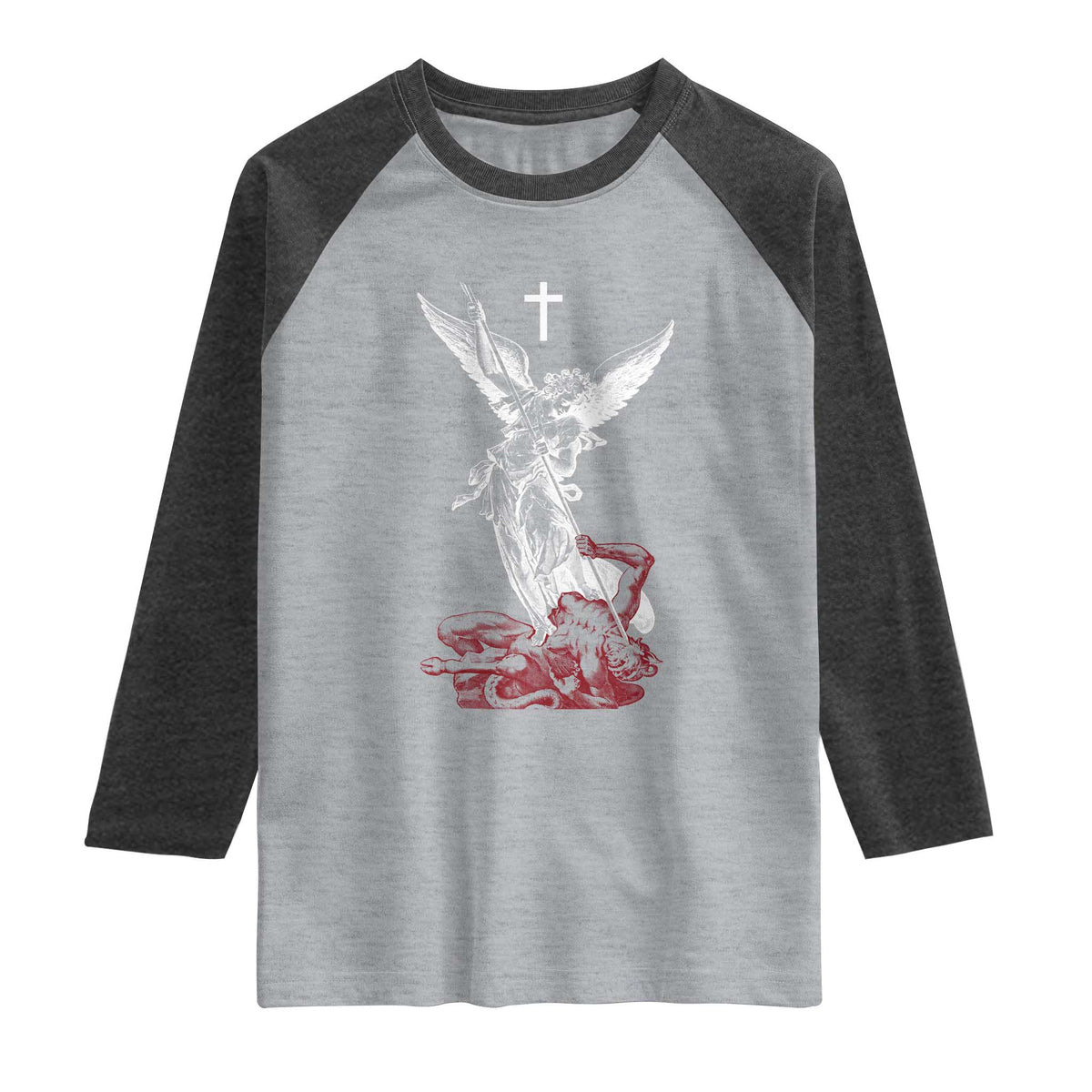 Saint Michael The Archangel Defeating Satan Raglan Shirt TS10 Heather Gray Heather Charcoal Print Your Wear