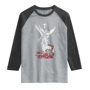 Saint Michael The Archangel Defeating Satan Raglan Shirt TS10 Heather Gray Heather Charcoal Print Your Wear