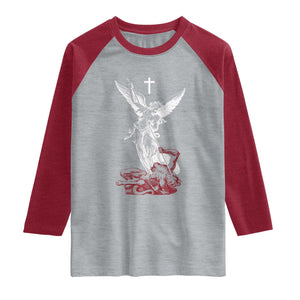 Saint Michael The Archangel Defeating Satan Raglan Shirt TS10 Heather Gray Heather Red Print Your Wear