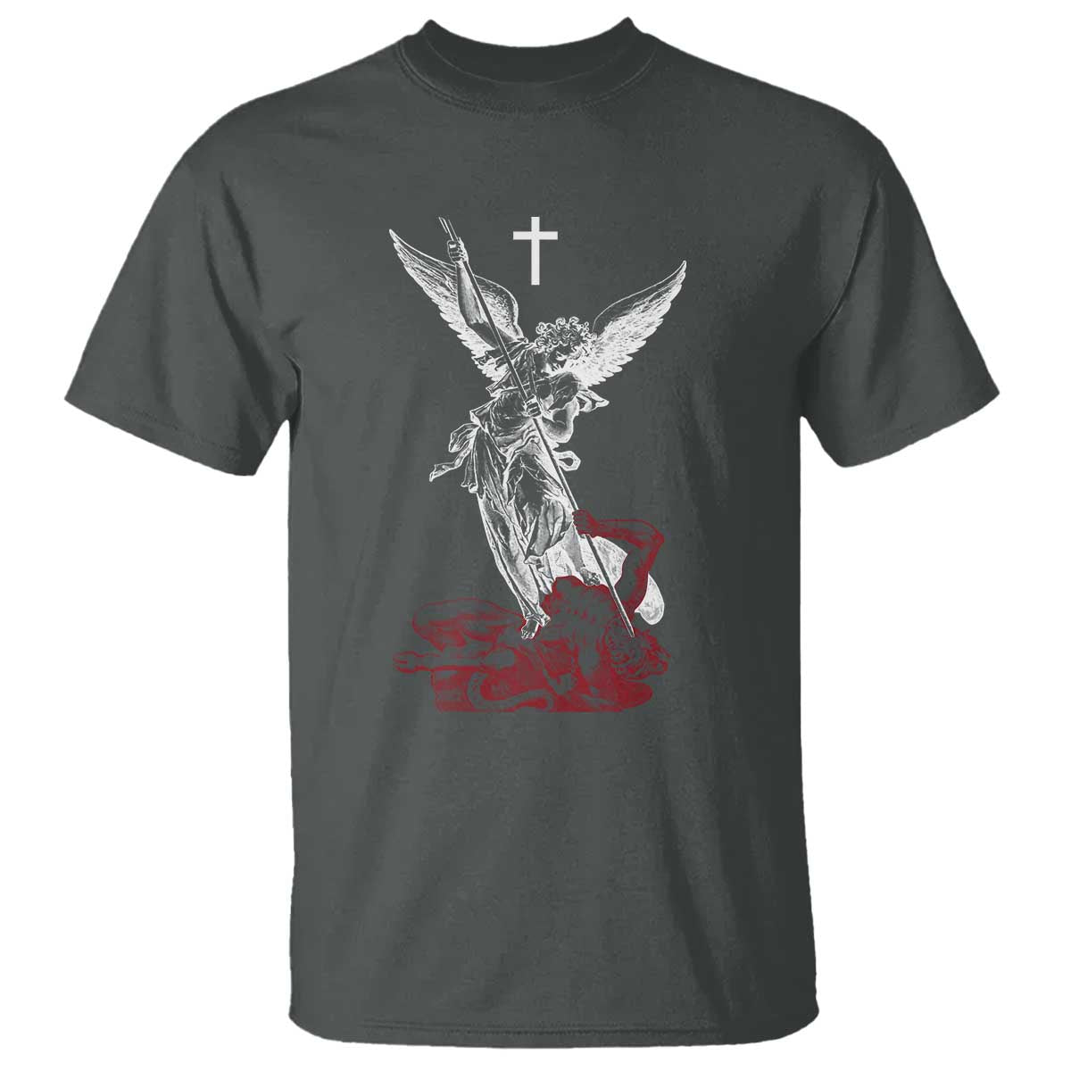 Saint Michael The Archangel Defeating Satan T Shirt TS10 Dark Heather Print Your Wear