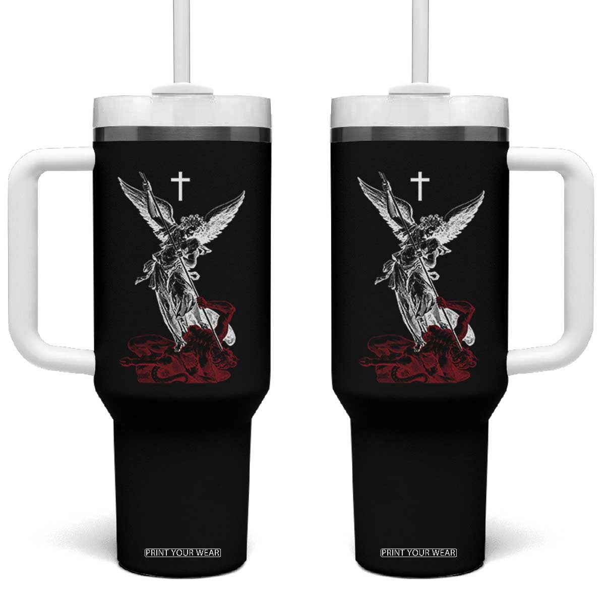 Saint Michael The Archangel Defeating Satan Tumbler With Handle TS10 One Size: 40 oz Black Print Your Wear