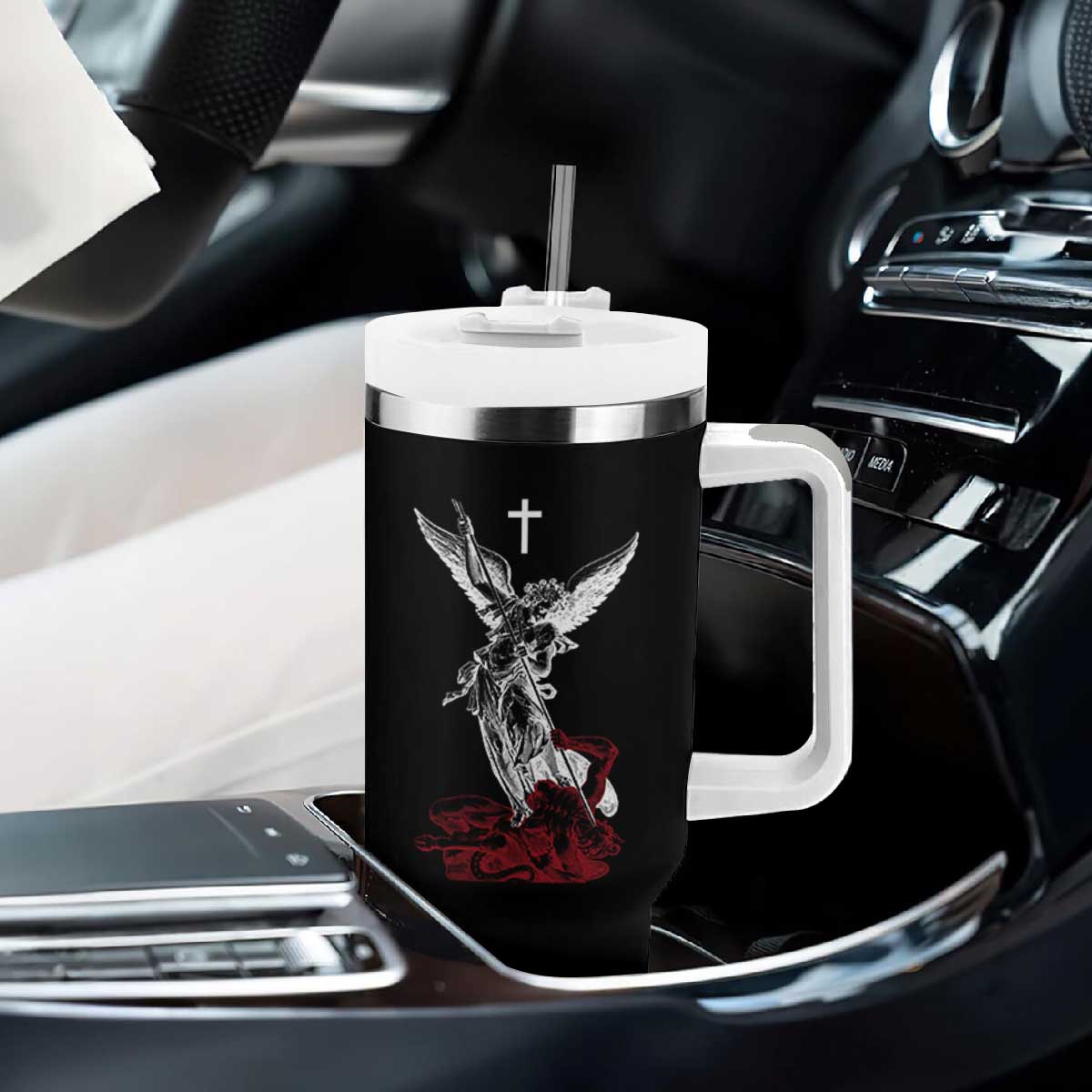 Saint Michael The Archangel Defeating Satan Tumbler With Handle TS10 Print Your Wear