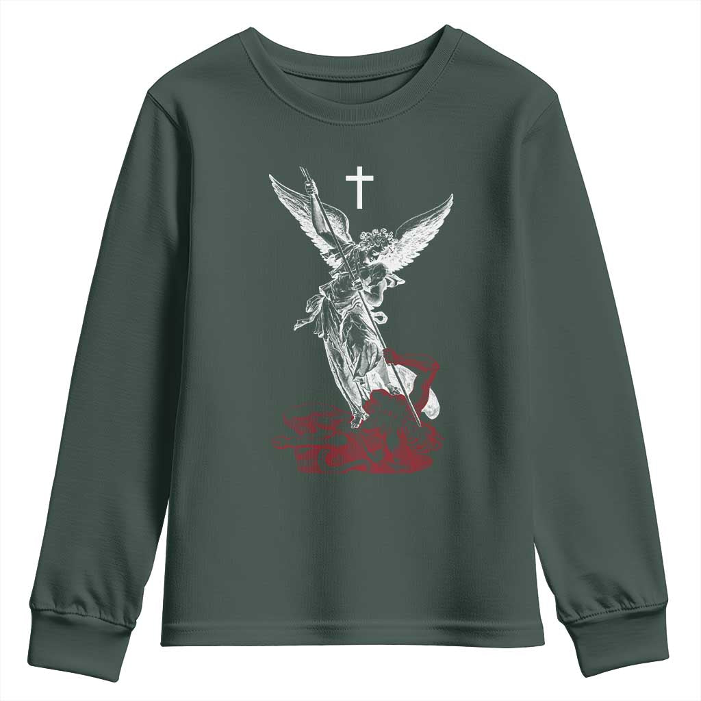 Saint Michael The Archangel Defeating Satan Youth Sweatshirt TS10 Dark Forest Green Print Your Wear