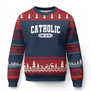 Catholic Since 33 AD Ugly Christmas Sweater Vintage Varsity Crucifix Jesus Eucharist Christianity TS10 Navy Red Print Your Wear