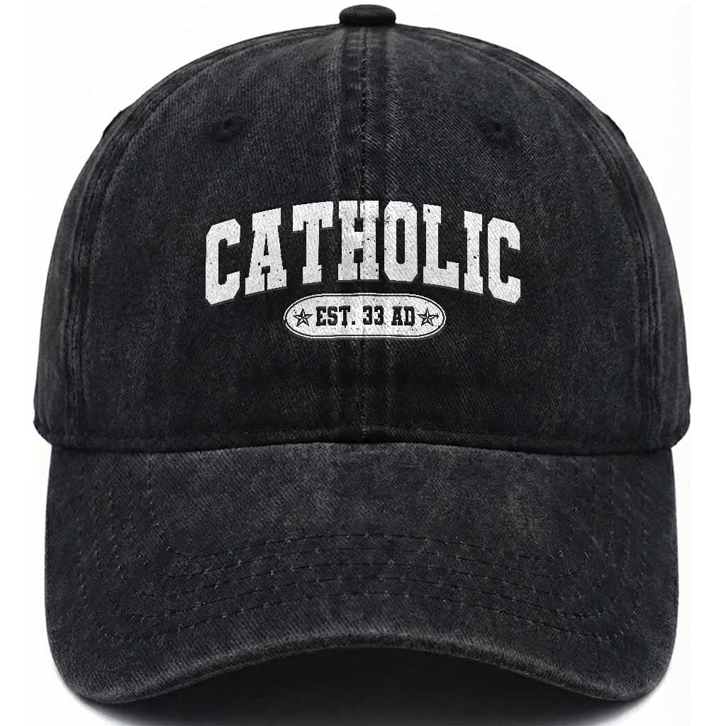 Catholic Since 33 AD Washed Cotton Baseball Cap Vintage Varsity Crucifix Jesus Eucharist Christianity TS10 Print Your Wear