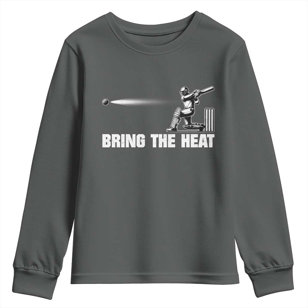 Cricket Player Youth Sweatshirt Bring The Heat Batting TS10 Dark Heather Print Your Wear