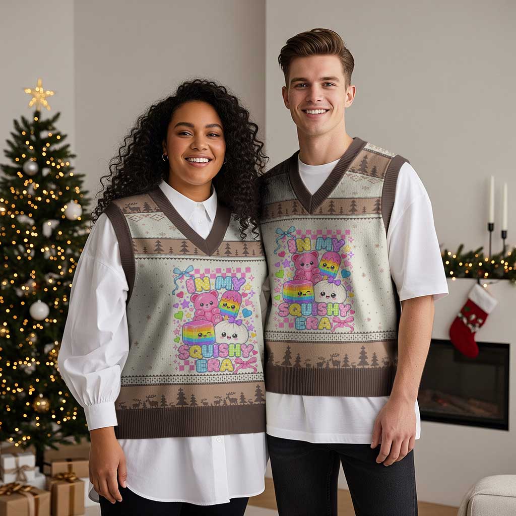 In My Squishy Era V-Neck Knit Sweater Vest Cute Kawaii Pastel Dumpling Graphic TS10 Mocha Mousse Print Your Wear
