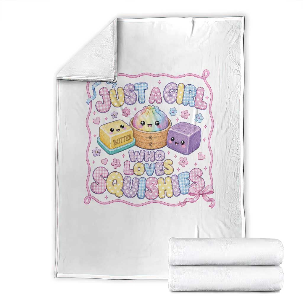 Just A Girl Who Loves Squishies Throw Blanket Squishy Lovers Kawaii Dumpling Graphic Coquette Bow Girls TS10 White Print Your Wear