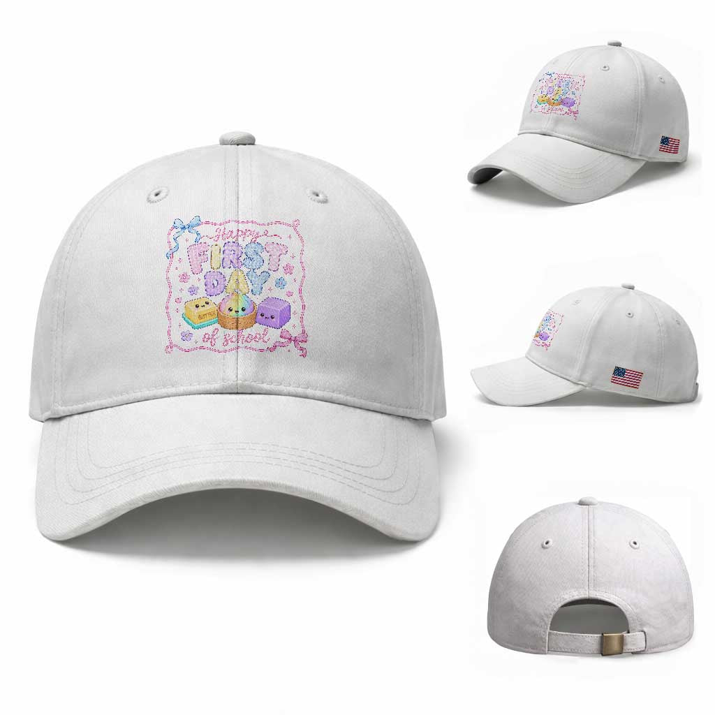 Happy First Day Of School Cute Kawaii Squishy Back To School Graphic Baseball Cap TS10 Baseball Cap Universal Fit White Print Your Wear