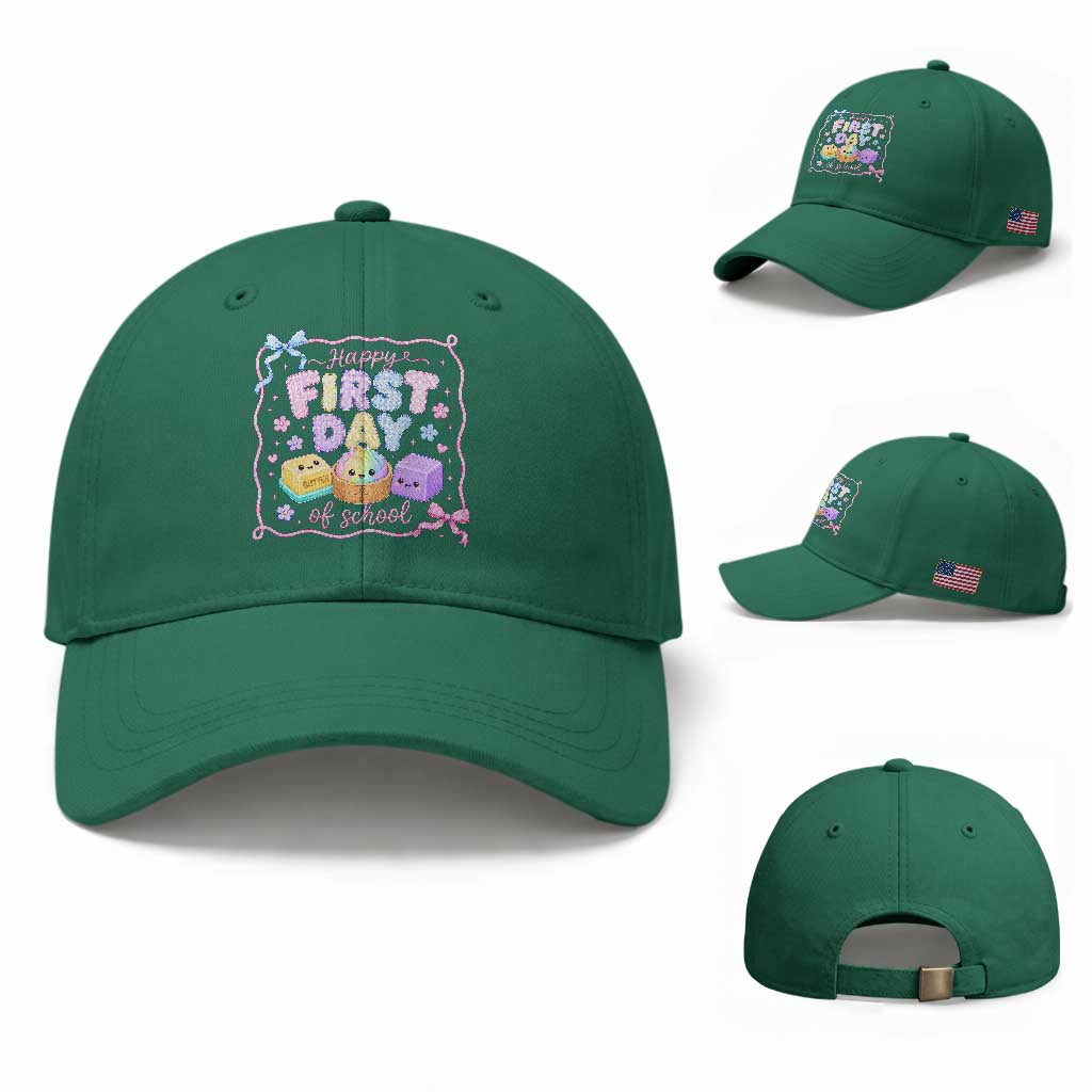 Happy First Day Of School Cute Kawaii Squishy Back To School Graphic Baseball Cap TS10 Baseball Cap Universal Fit Irish Green Print Your Wear