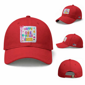 Happy To See Your Face Cute Teacher Back To School Graphic Baseball Cap TS10 Baseball Cap Universal Fit Red Print Your Wear