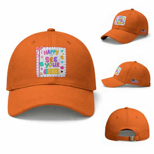 Happy To See Your Face Cute Teacher Back To School Graphic Baseball Cap TS10 Baseball Cap Universal Fit Orange Print Your Wear