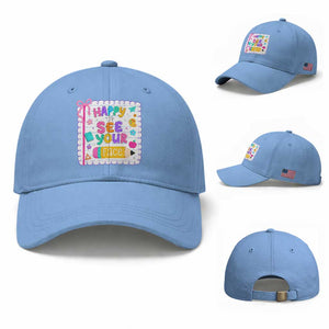 Happy To See Your Face Cute Teacher Back To School Graphic Baseball Cap TS10 Baseball Cap Universal Fit Light Blue Print Your Wear