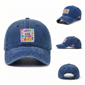 Happy To See Your Face Cute Teacher Back To School Graphic Washed Cotton Baseball Cap TS10 Washed Cap Universal Fit Royal Blue Print Your Wear