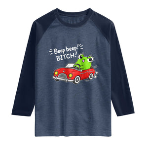 Beep Beep Frog Raglan Shirt Funny Driving Frog Red Convertible Car Graphic TS10 Heather Denim Navy Print Your Wear