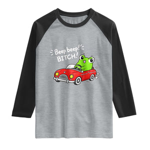 Beep Beep Frog Raglan Shirt Funny Driving Frog Red Convertible Car Graphic TS10 Heather Gray Black Print Your Wear