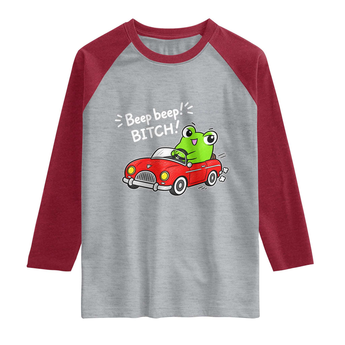 Beep Beep Frog Raglan Shirt Funny Driving Frog Red Convertible Car Graphic TS10 Heather Gray Heather Red Print Your Wear