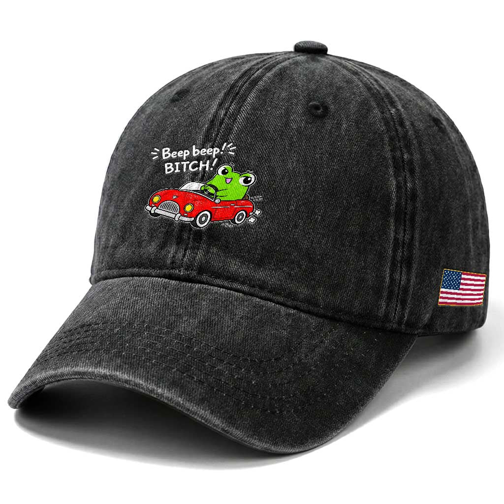 Beep Beep Frog Washed Cotton Baseball Cap Funny Driving Frog Red Convertible Car Graphic TS10 Print Your Wear