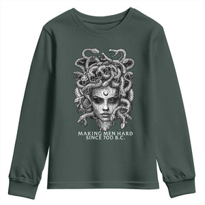 Funny Feminist Medusa Youth Sweatshirt Making Men Hard Since 700 B.C Dark Myth Ancient TS10 Dark Forest Green Print Your Wear