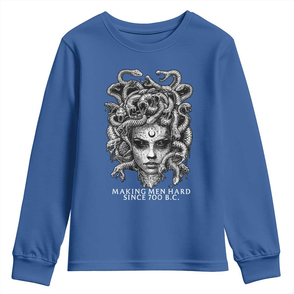 Funny Feminist Medusa Youth Sweatshirt Making Men Hard Since 700 B.C Dark Myth Ancient TS10 Royal Blue Print Your Wear