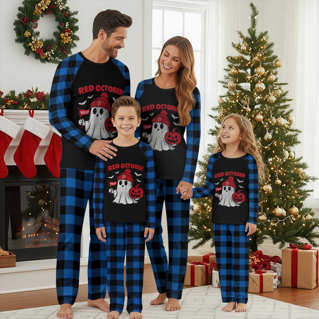 Red October Halloween Ghost Plaid Pajama Set Philadelphia Spooky Pumpkin Baseball Fan TS10 Blue Plaid Print Your Wear