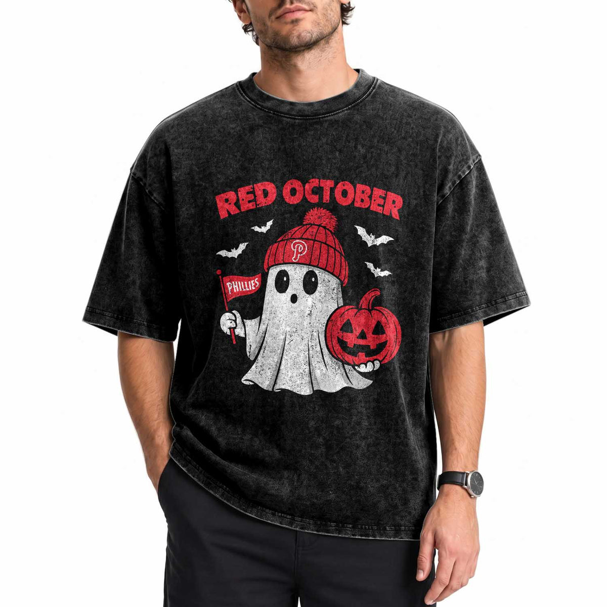 Red October Halloween Ghost Washed Cotton T-Shirt Philadelphia Spooky Pumpkin Baseball Fan TS10 Print Your Wear