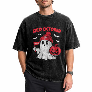 Red October Halloween Ghost Washed Cotton T-Shirt Philadelphia Spooky Pumpkin Baseball Fan TS10 Print Your Wear
