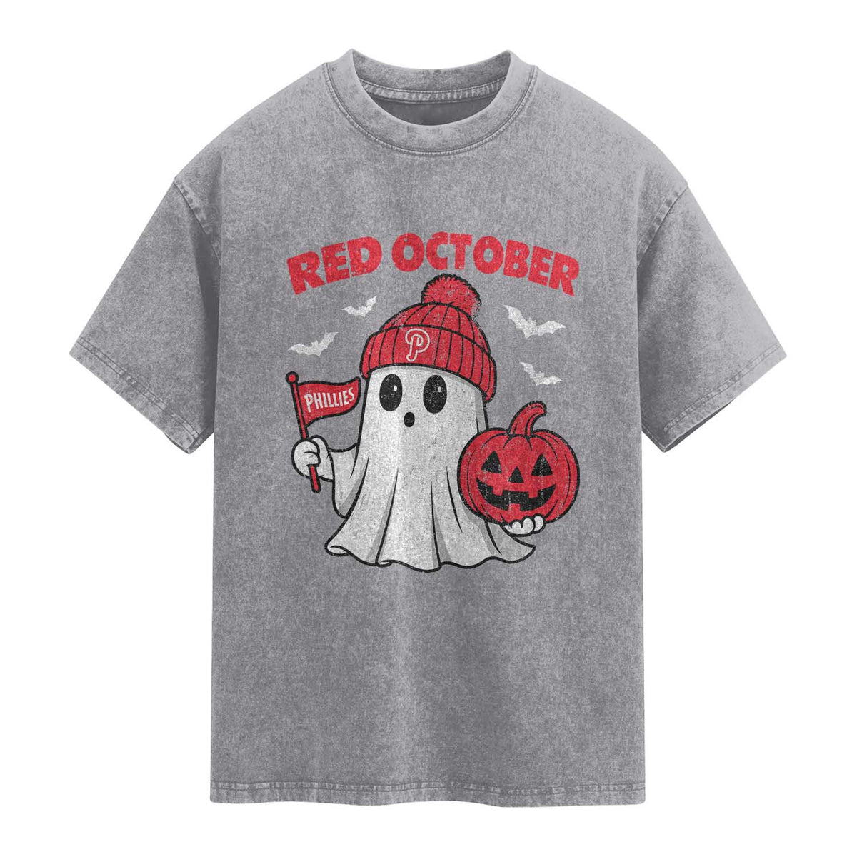 Red October Halloween Ghost Washed Cotton T-Shirt Philadelphia Spooky Pumpkin Baseball Fan TS10 Slate Gray Print Your Wear