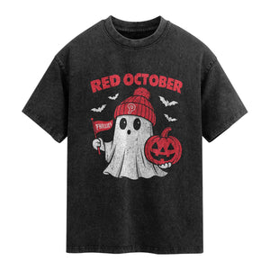 Red October Halloween Ghost Washed Cotton T-Shirt Philadelphia Spooky Pumpkin Baseball Fan TS10 Black Print Your Wear