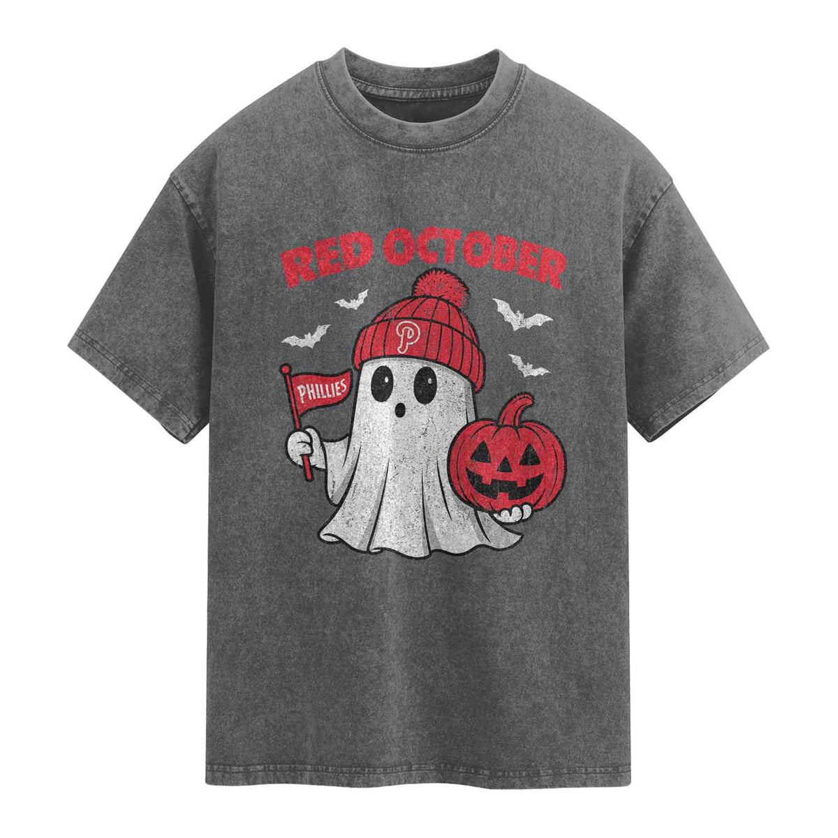 Red October Halloween Ghost Washed Cotton T-Shirt Philadelphia Spooky Pumpkin Baseball Fan TS10 Charcoal Print Your Wear
