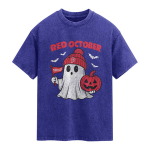 Red October Halloween Ghost Washed Cotton T-Shirt Philadelphia Spooky Pumpkin Baseball Fan TS10 Indigo Blue Print Your Wear