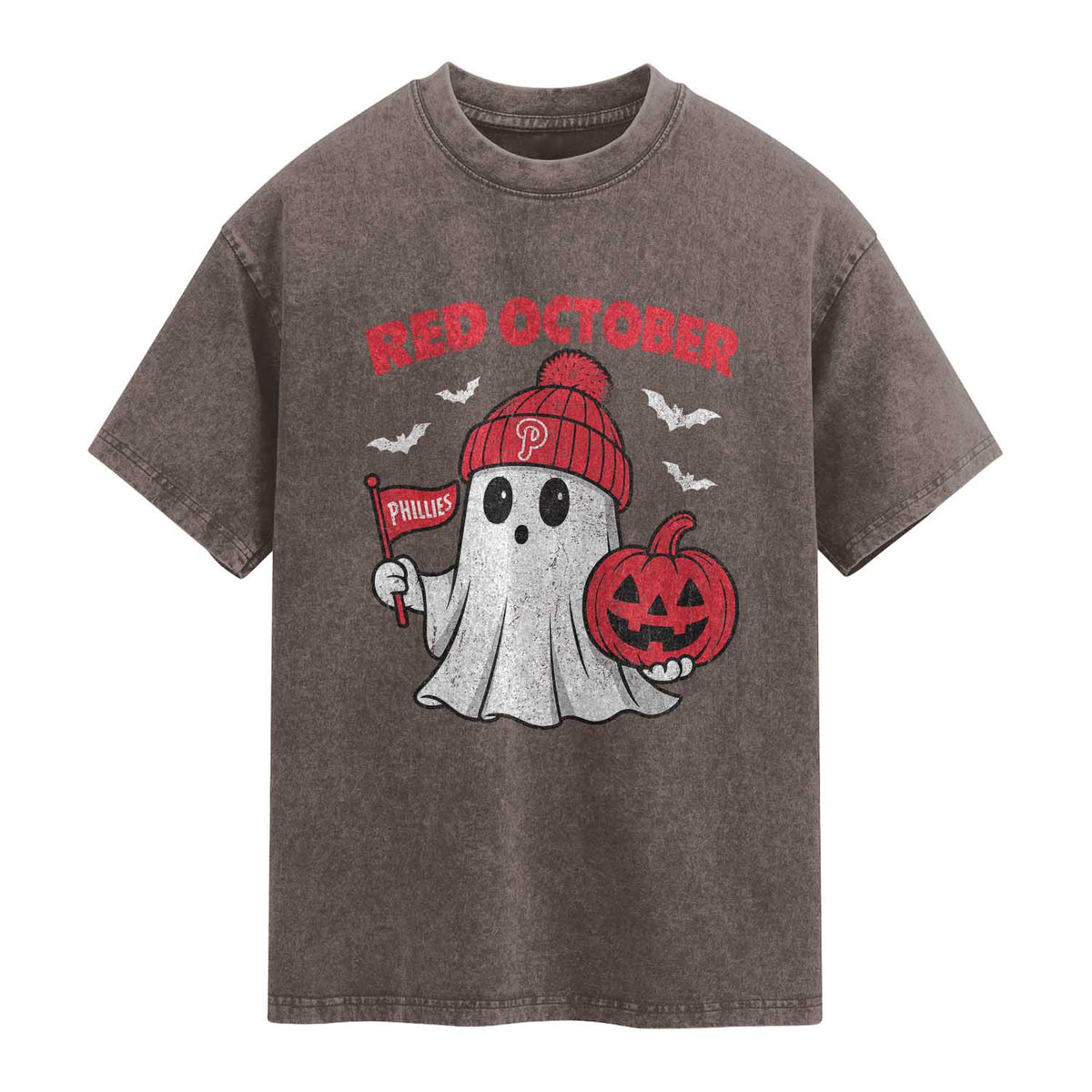 Red October Halloween Ghost Washed Cotton T-Shirt Philadelphia Spooky Pumpkin Baseball Fan TS10 Brown Print Your Wear