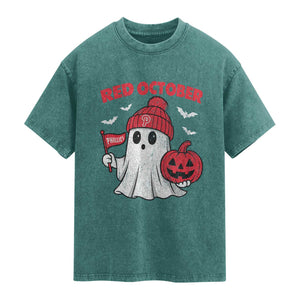 Red October Halloween Ghost Washed Cotton T-Shirt Philadelphia Spooky Pumpkin Baseball Fan TS10 Teal Green Print Your Wear