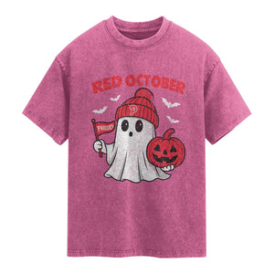 Red October Halloween Ghost Washed Cotton T-Shirt Philadelphia Spooky Pumpkin Baseball Fan TS10 Magenta Print Your Wear