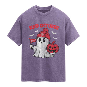 Red October Halloween Ghost Washed Cotton T-Shirt Philadelphia Spooky Pumpkin Baseball Fan TS10 Purple Print Your Wear