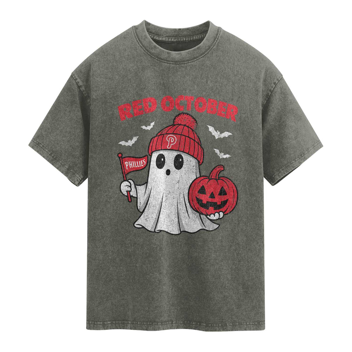 Red October Halloween Ghost Washed Cotton T-Shirt Philadelphia Spooky Pumpkin Baseball Fan TS10 Olive Green Print Your Wear
