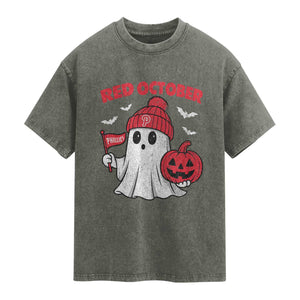 Red October Halloween Ghost Washed Cotton T-Shirt Philadelphia Spooky Pumpkin Baseball Fan TS10 Olive Green Print Your Wear