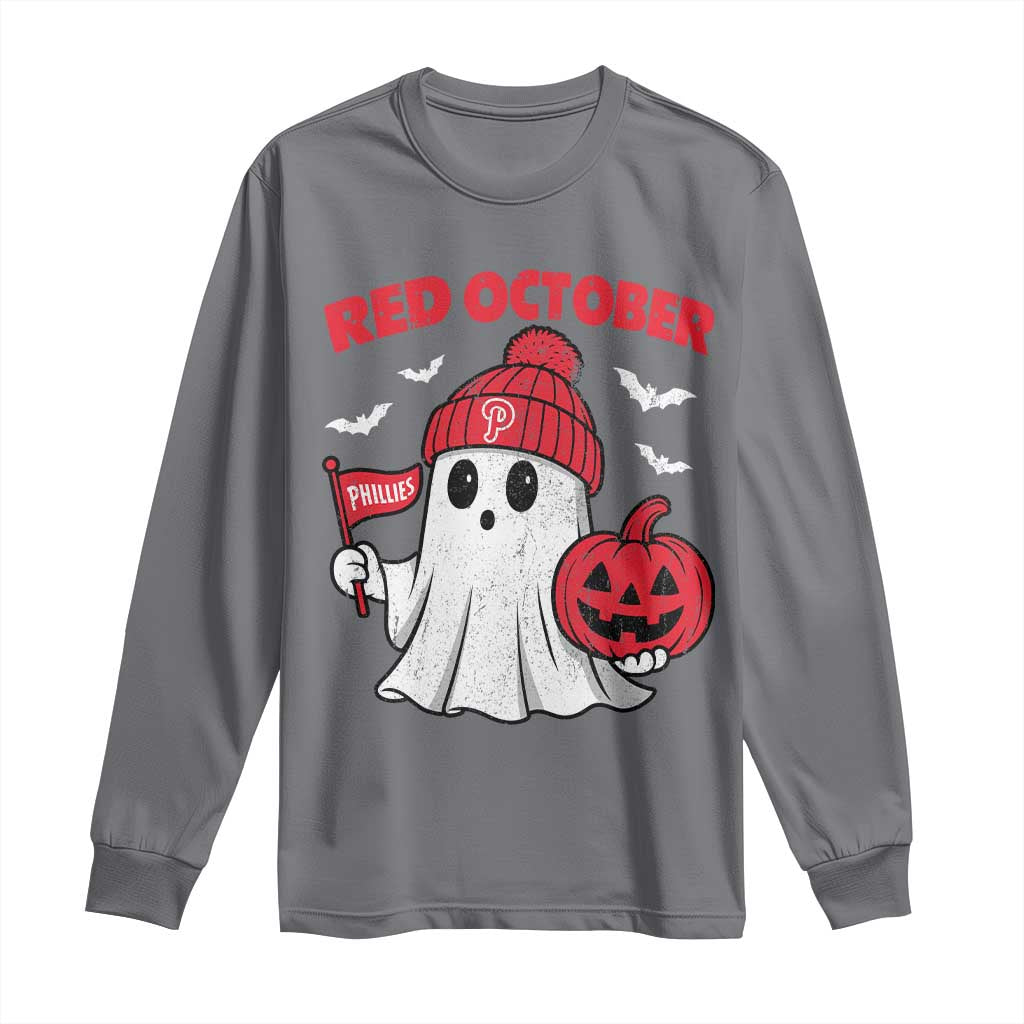 Red October Halloween Ghost Long Sleeve Shirt Philadelphia Spooky Pumpkin Baseball Fan TS10 Charcoal Print Your Wear