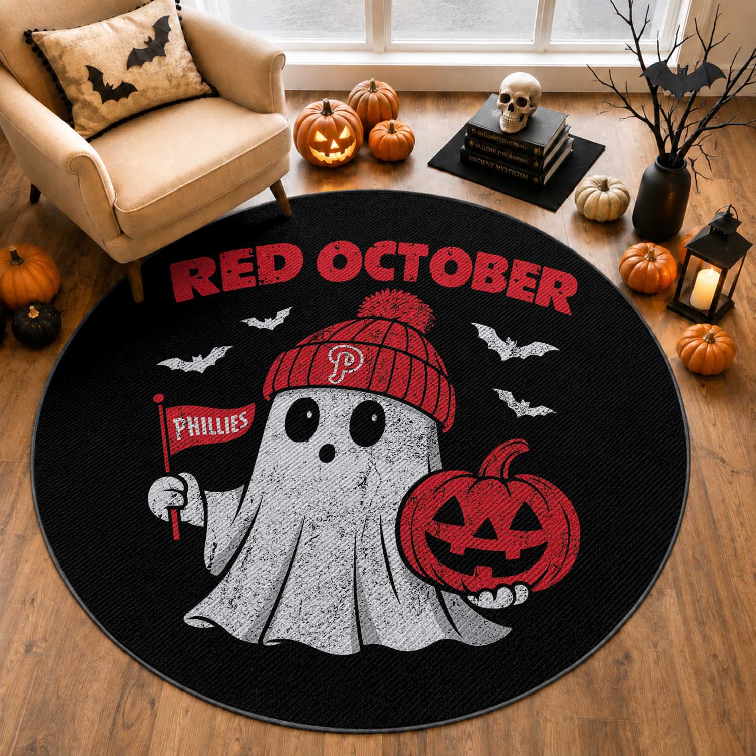 Red October Halloween Ghost Round Rug Philadelphia Spooky Pumpkin Baseball Fan