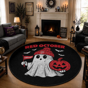 Red October Halloween Ghost Round Rug Philadelphia Spooky Pumpkin Baseball Fan