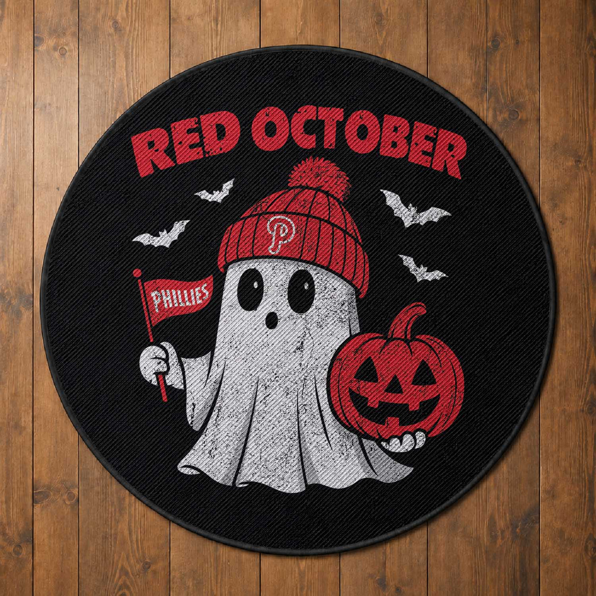 Red October Halloween Ghost Round Rug Philadelphia Spooky Pumpkin Baseball Fan