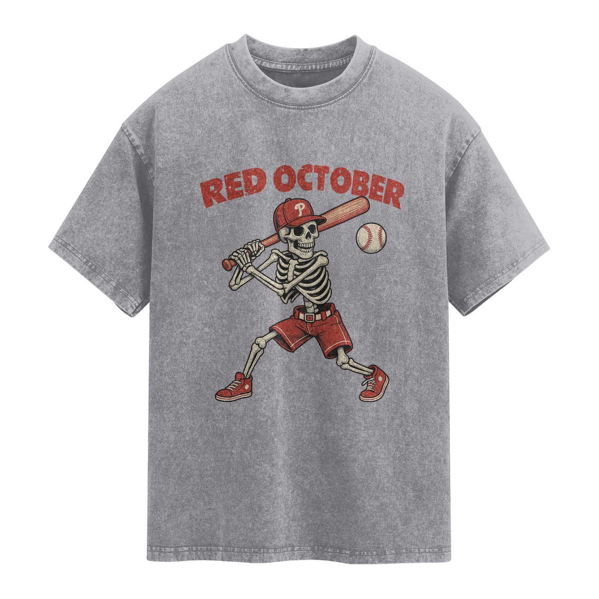 Red October Skeleton Baseball Washed Cotton T-Shirt Philadelphia Halloween Costume Funny TS10 Slate Gray Print Your Wear