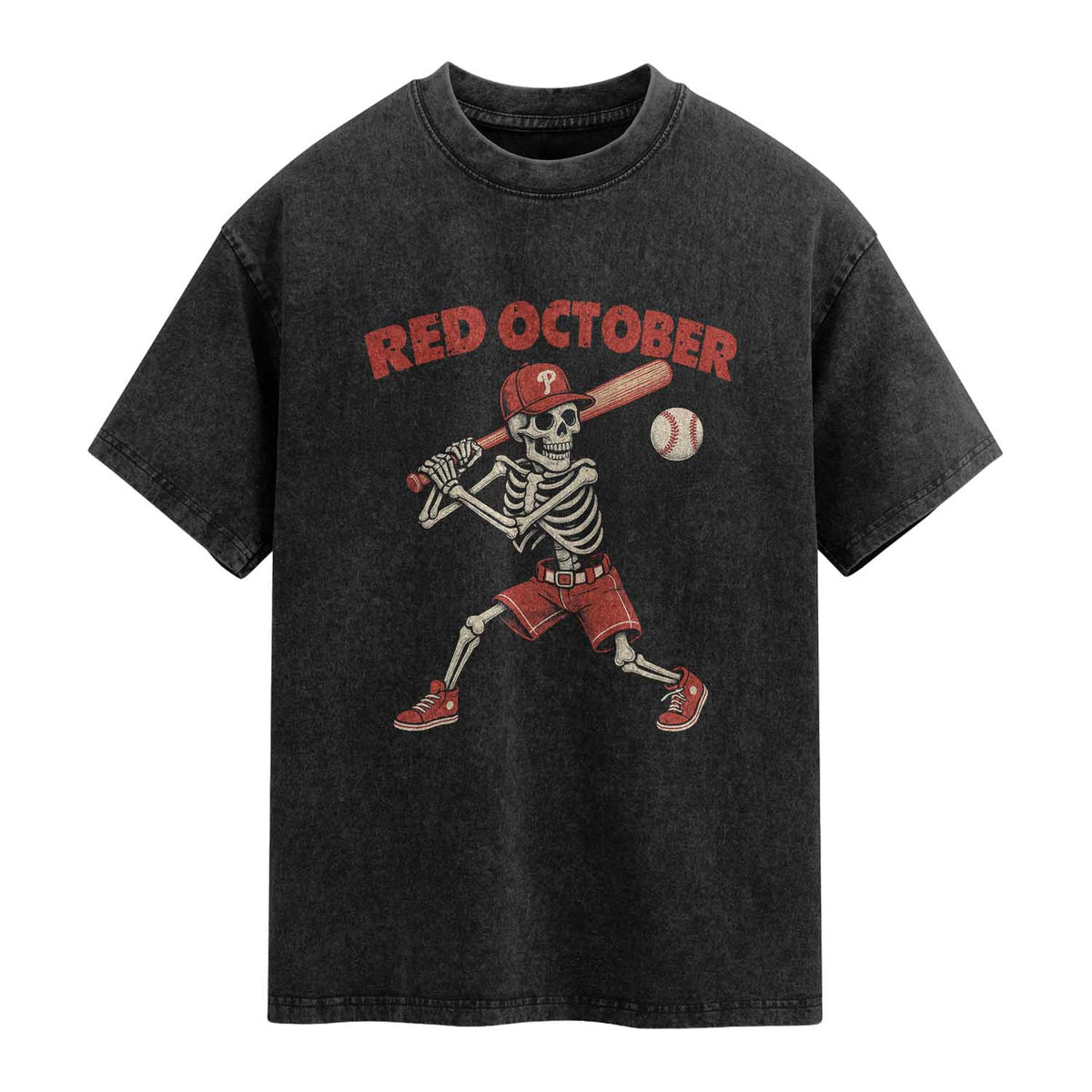 Red October Skeleton Baseball Washed Cotton T-Shirt Philadelphia Halloween Costume Funny TS10 Black Print Your Wear